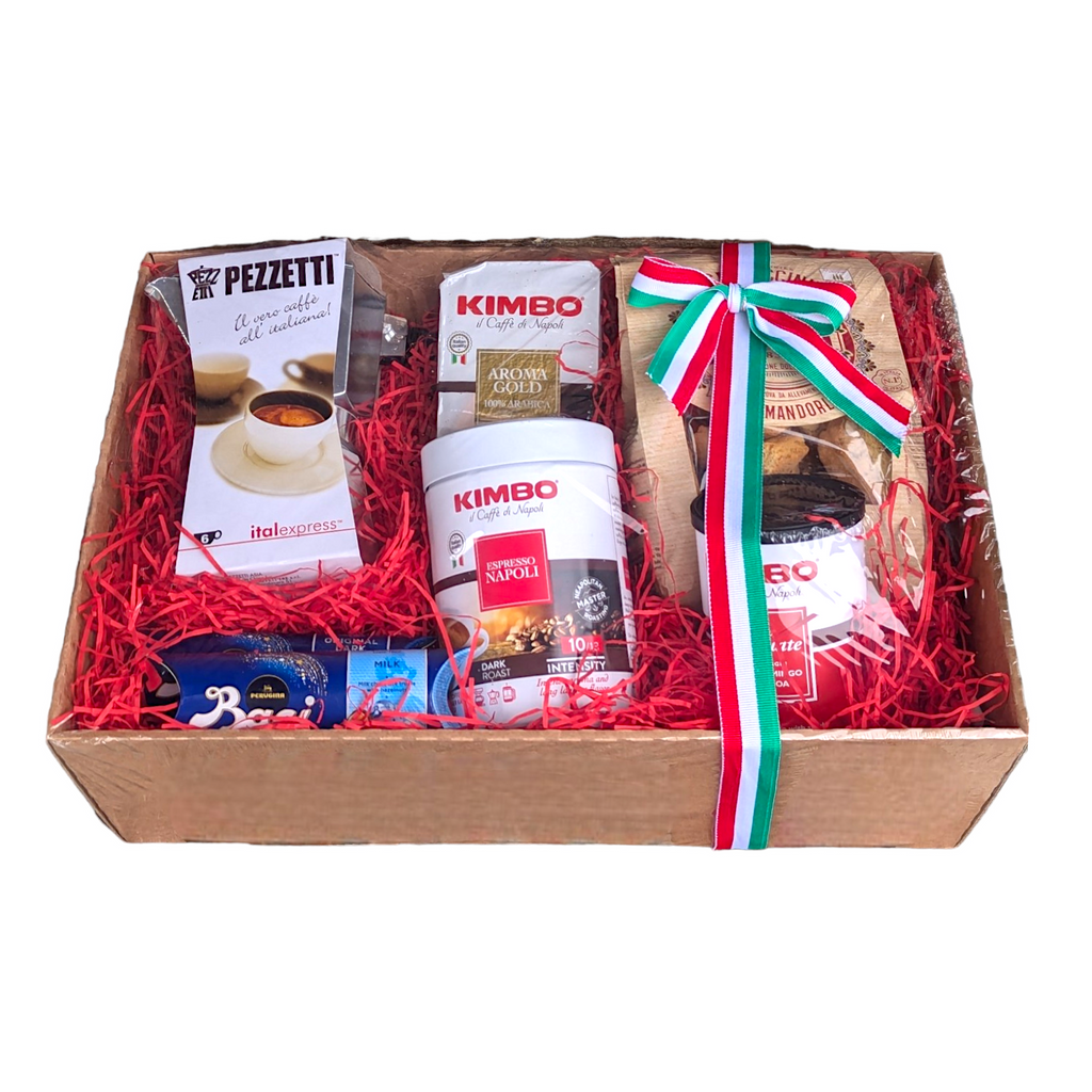 Italian Coffee Hamper Gift Set Kimbo Napoli, Moka Pot, Biscotti & Chocolates