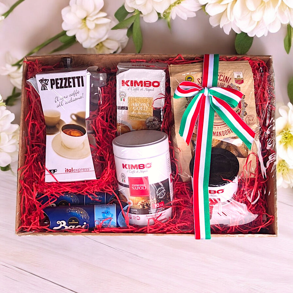 Italian Coffee Hamper Gift Set: Kimbo Napoli, Moka Pot, Biscotti & Chocolates