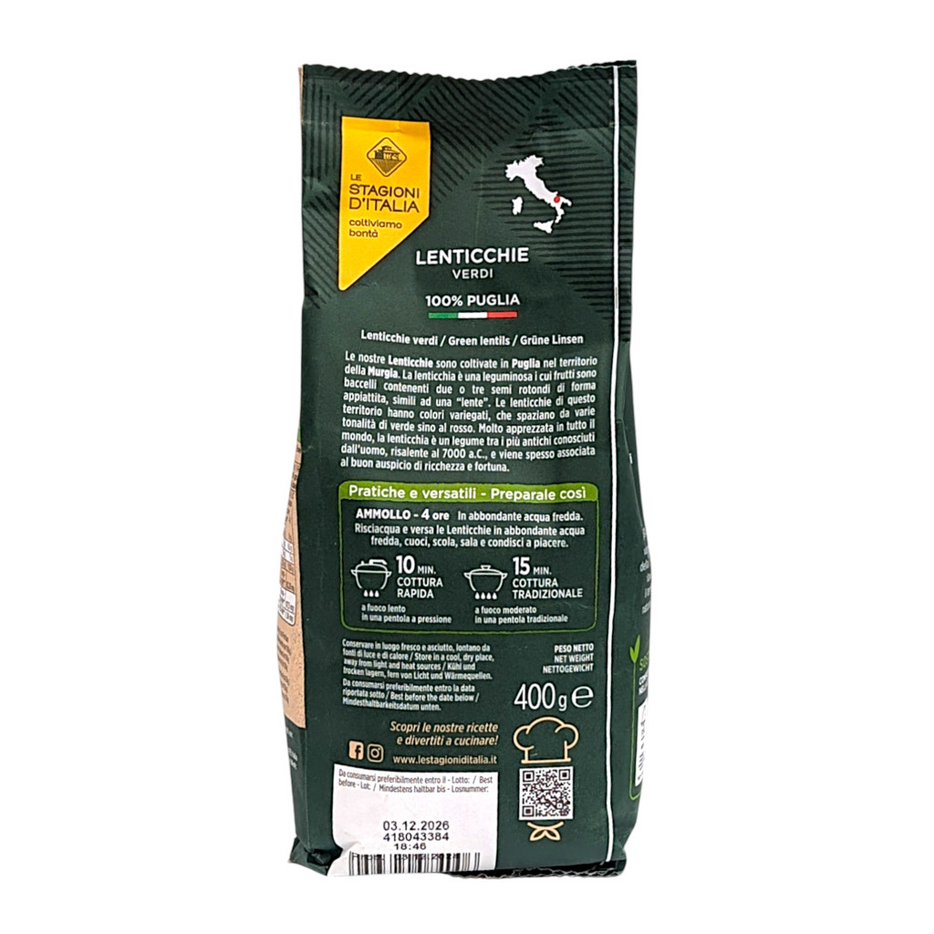 Le Stagioni d'Italia Lenticchie Verdi - 100% Italian Legumes Dry Green Lentils, 400g - Italia Solutions UK