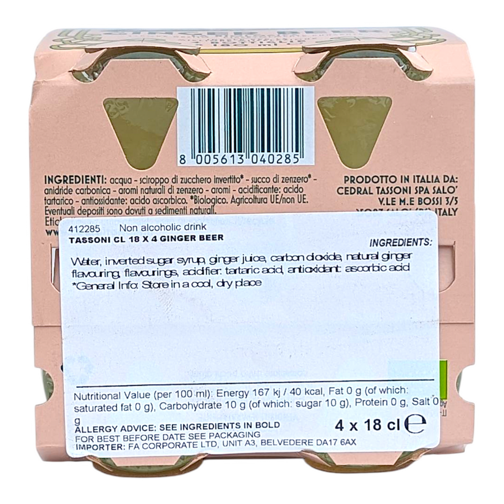 Tassoni Organic Ginger Beer Soft Drink - Birra allo Zenzero Analcolico 4 x 180ml Bottles - Italia Solutions UK