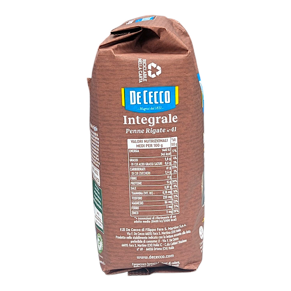 De Cecco Integrale Penne Rigate no.41 - 500g Wholewheat Brown Pasta - Italia Solutions UK