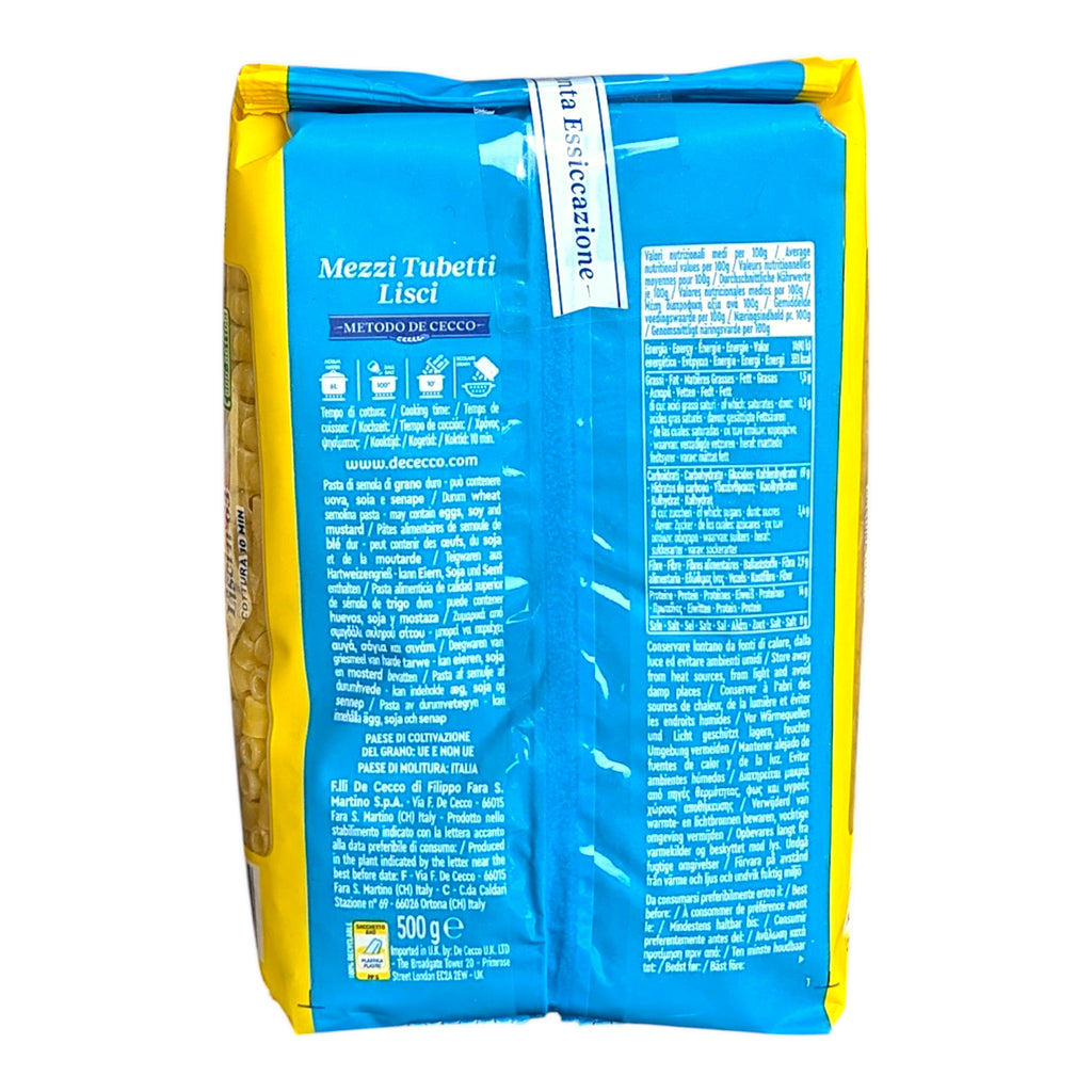 De Cecco Pasta Mezzi Tubetti Lisci No.63 500g - Italia Solutions UK