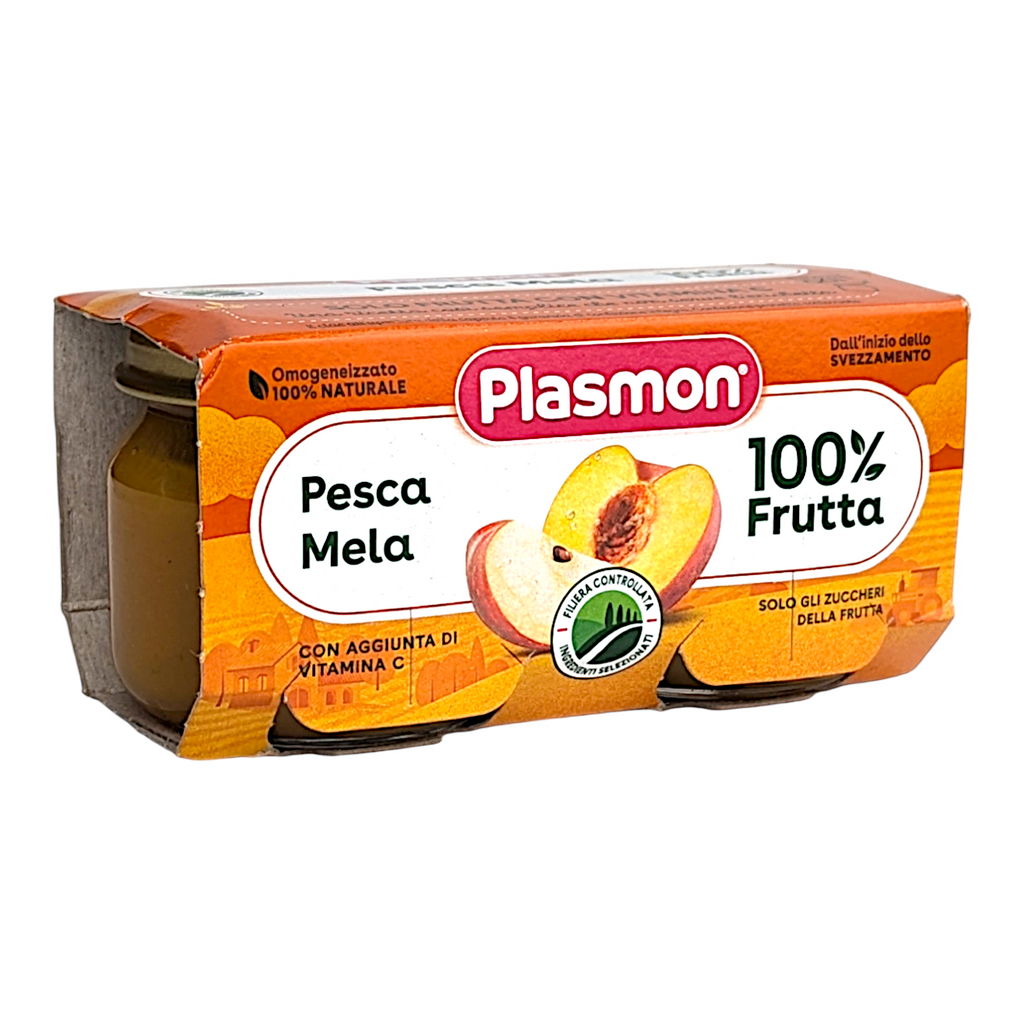 Plasmon Baby Food Peach & Apple Fruit Puree, Omogeneizzato Purea di Mela & Pesca - 2x80g Jars