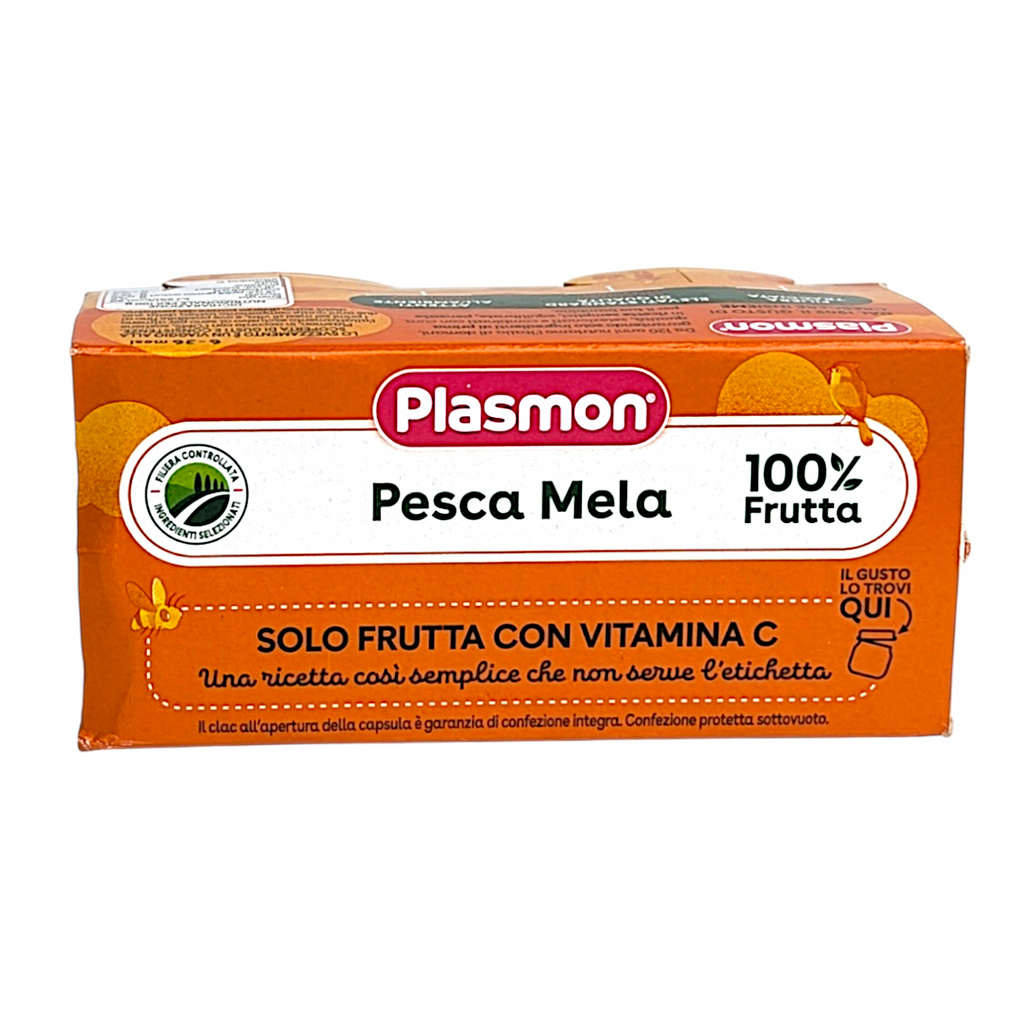 Plasmon Baby Food Peach & Apple Fruit Puree, Omogeneizzato Purea di Mela & Pesca - 2x80g Jars