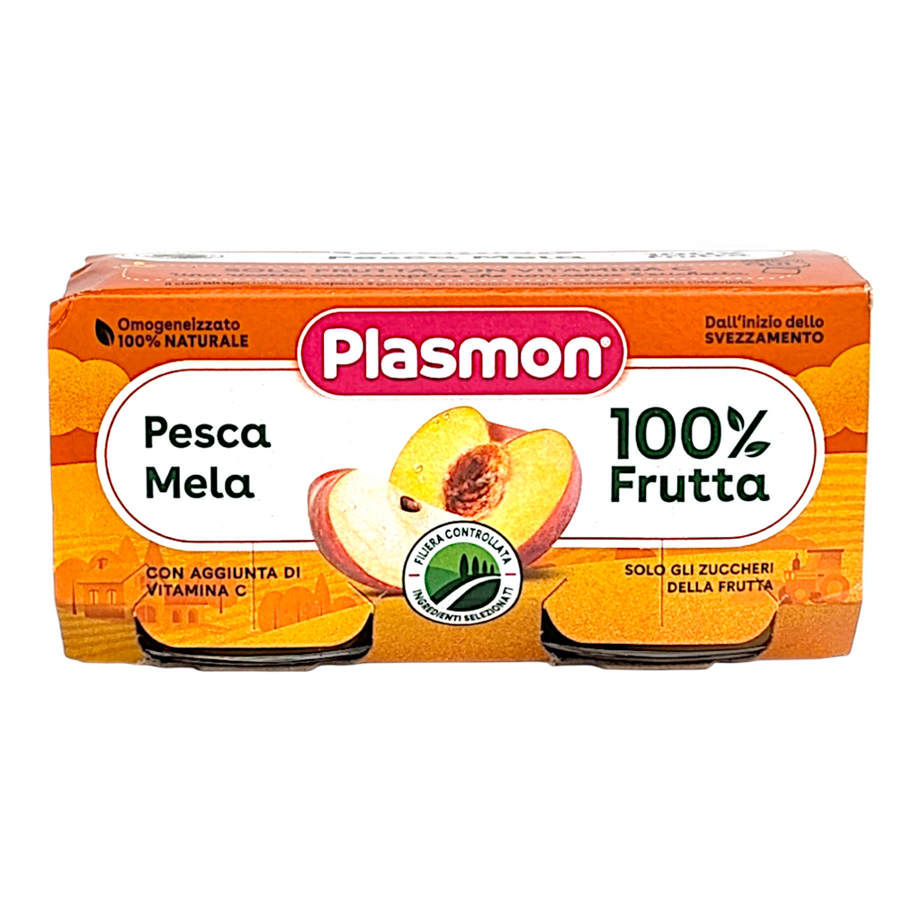 Plasmon Baby Food Peach & Apple Fruit Puree, Omogeneizzato Purea di Mela & Pesca - 2x80g Jars