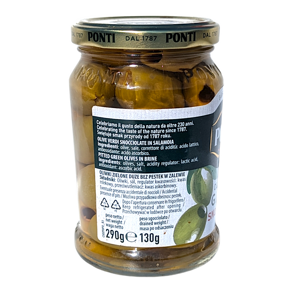 Ponti Pitted Giant Green Olives, Olive Verdi Giganti Snocciolate 290g - Italia Solutions UK