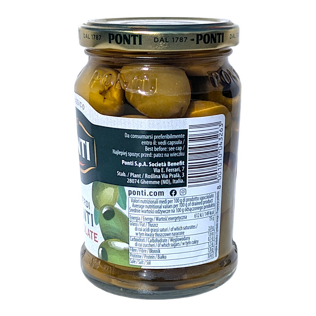 Ponti Pitted Giant Green Olives, Olive Verdi Giganti Snocciolate 290g - Italia Solutions UK