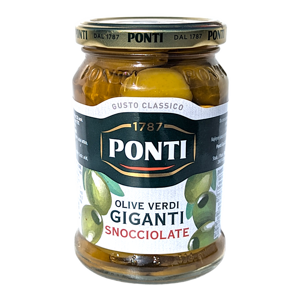 Ponti Pitted Giant Green Olives, Olive Verdi Giganti Snocciolate 290g - Italia Solutions UK