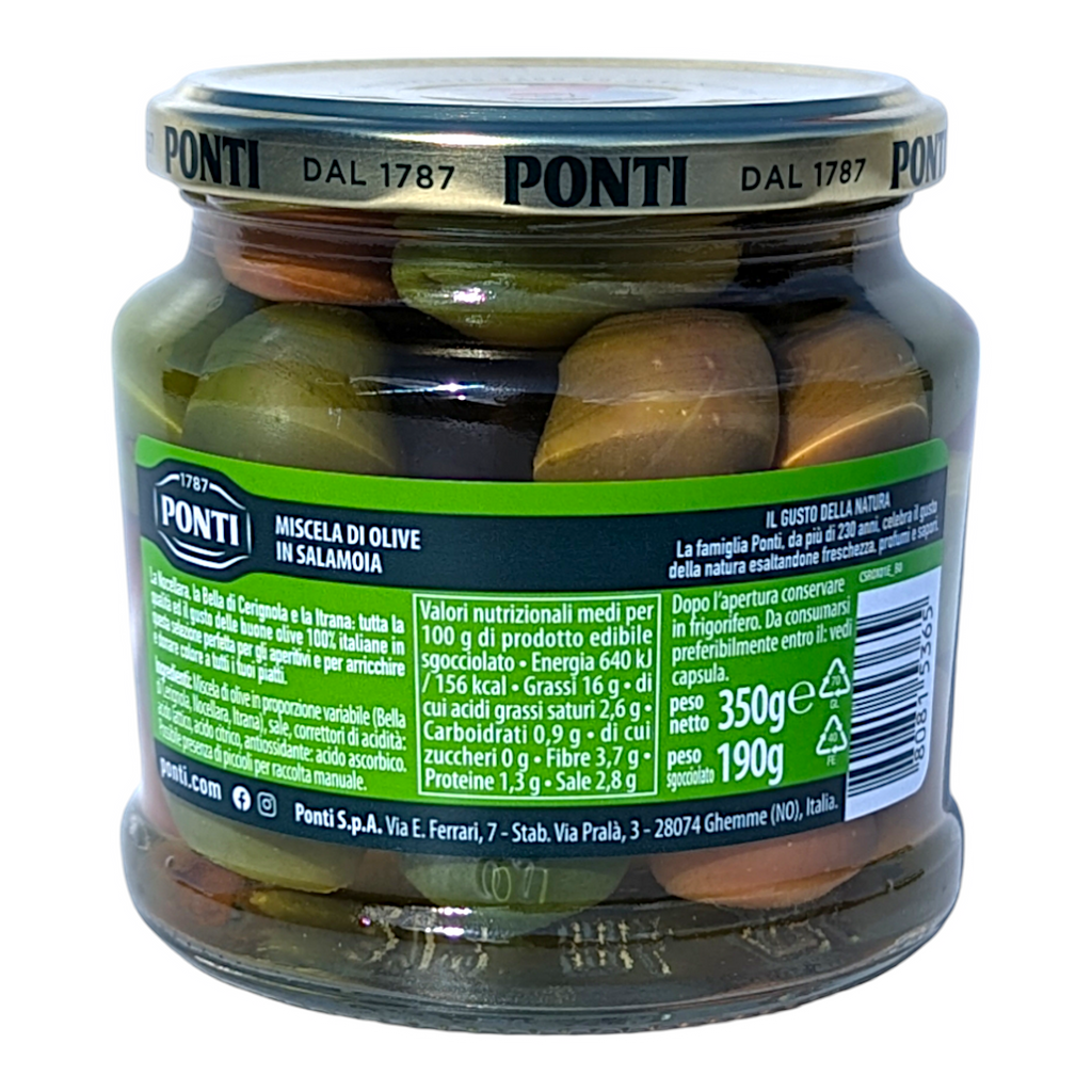 Ponti Peperlizia Olive Mix in Brine, Olivomix Miscela di Olive in Salamoia 350g