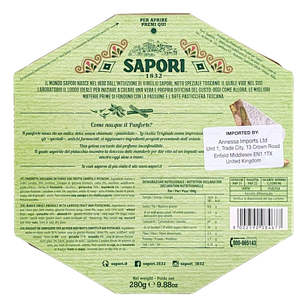 Sapori Panforte Pistacchio, Pistachio Cake with Candied Citrus Fruits 280g