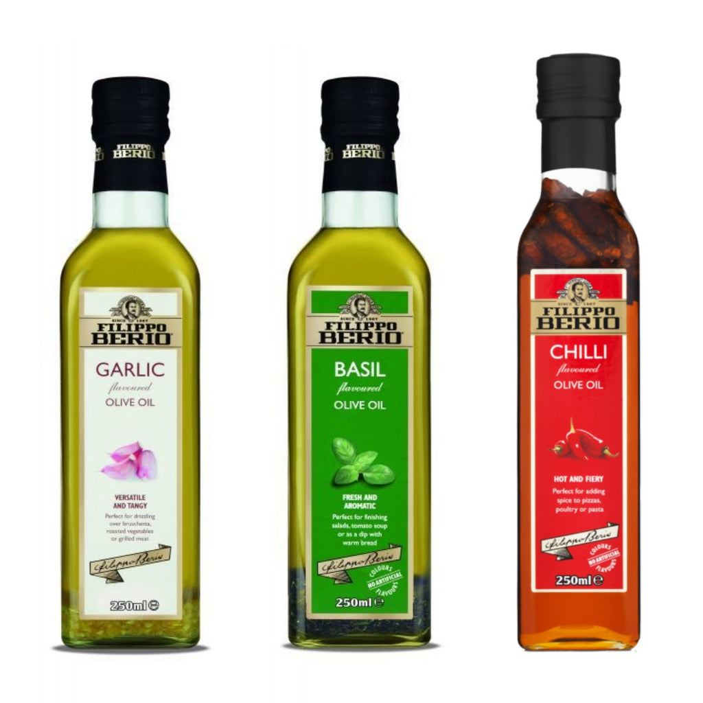 Filippo Berio Flavoured Olive Oils 3 Pack: Basil, Garlic & Chilli in Extra Virgin